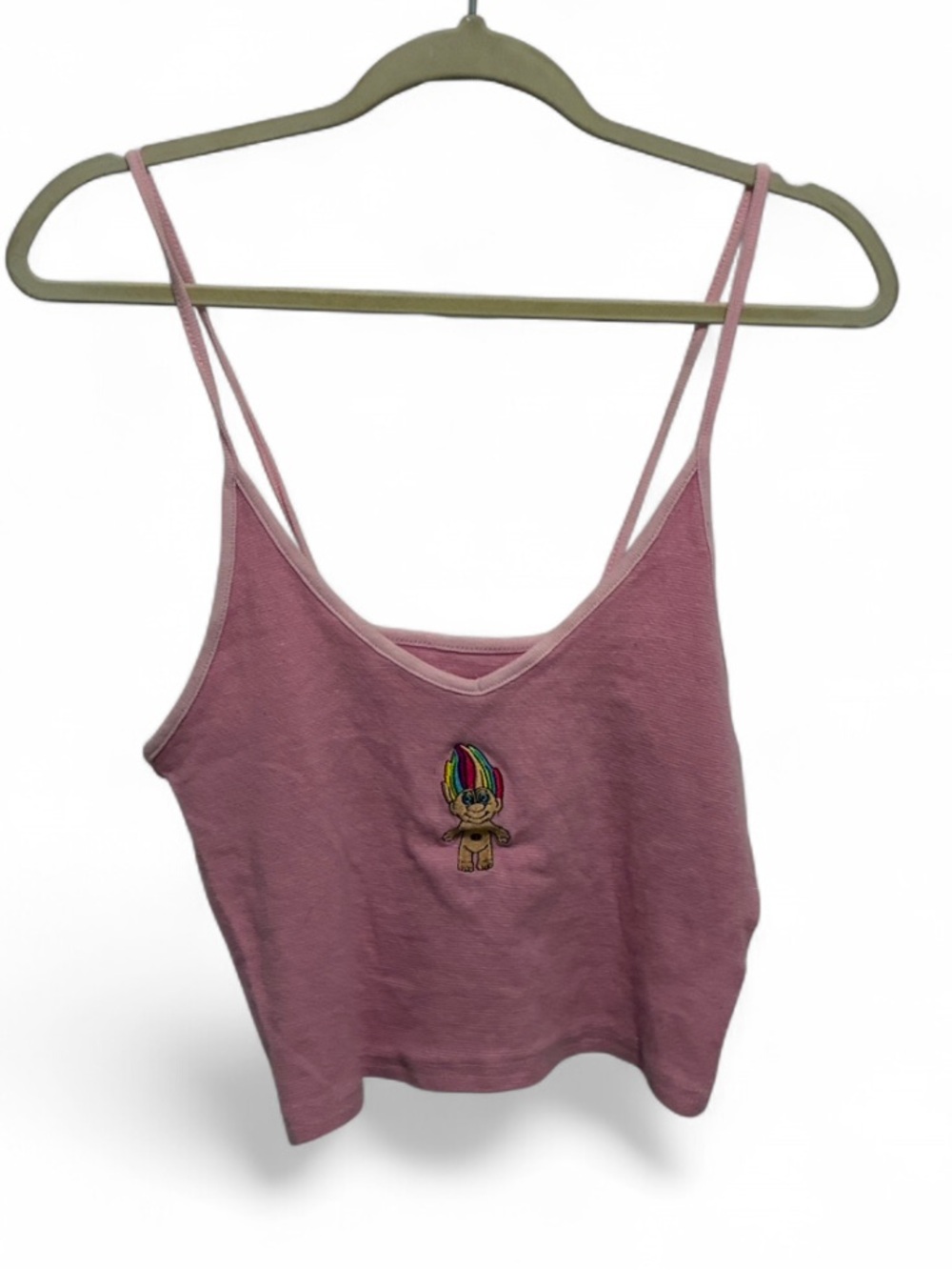 Good Luck Trolls Pink Spaghetti Strap Cropped Tank Top with Embroidered Patch